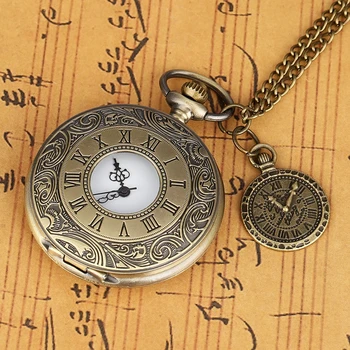 Винтажный бронзовый корпус с выгравированными римскими цифрами, кварцевые карманные часы, ожерелье, цепочка, брелок, часы, подарки для мужчин, женские часы с аксессуаром