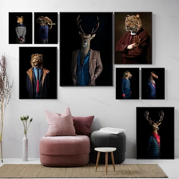 Винтажный плакат с изображением Льва Оленя, мистера Элефанта, картина маслом и принты, Современная настенная картина с животными на холсте для домашнего декора гостиной
