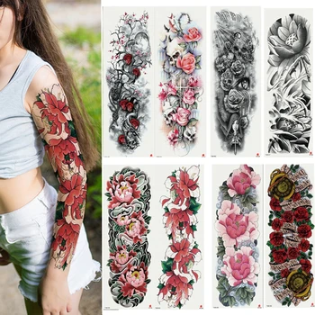 Водонепроницаемая временная татуировка, наклейка с Черепом, Ангел, роза, лотос, татуировка в виде полного цветка с боди-артом на руке, Большая Поддельная татуировка