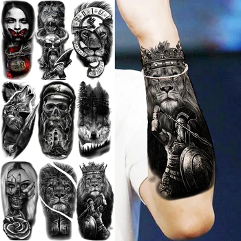 Временные татуировки Рыцаря-Льва-Воина Для мужчин и женщин, Волка, Компаса, Цветка, Пиратского капитана, черепа, поддельной татуировки, наклейки на руки, татуировки на теле.