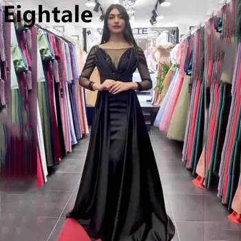 Выпускные платья Eightale Black Mermaid 2023 с круглым вырезом и длинным рукавом, Вечерние платья на заказ в арабском стиле Длиной до пола