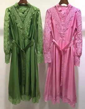 Высококачественное Новое Весеннее платье 2024 года, женское Кружевное платье с вышивкой, деко с длинным рукавом длиной до середины икры, розово-зеленое платье для подиума, красивое