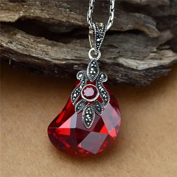 Высококачественное ожерелье из стерлингового серебра 925 Пробы, натуральный камень, Красный кристалл, Гранат, Подвеска неправильной геометрии с цепочкой, Мода Ретро
