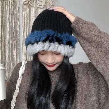 Вязаные шапочки из натуральной кроличьей шерсти, женская зимняя Корейская модная цветовая контрастная кепка, теплые шапки-бомберы