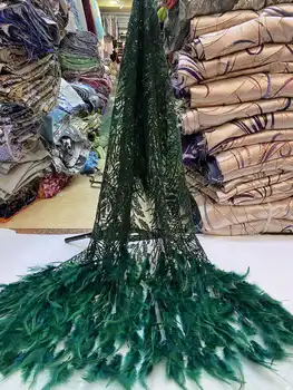 Горячая распродажа Дизайнерская Мода в Африканском стиле Ручной работы из 3D-перьев, расшитых бисером, Сетчатое Кружево с блестками, Вечернее платье из французской ткани с сетчатым кружевом