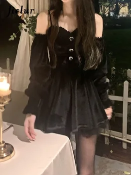 Готическое Черное бархатное платье, вечерняя вечеринка, мини-платье Y2K с длинным рукавом, женское Винтажное Элегантное цельнокроеное платье, осень