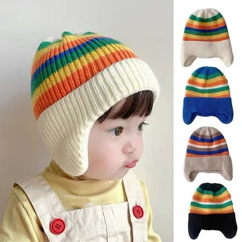Детские модные Радужные шапки, осень-зима, теплая защита ушей, шерстяные вязаные шапки для маленьких мальчиков и девочек, утолщенный головной убор для детей