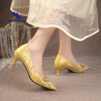 Желтые женские туфли-лодочки на каблуках с цветами, Летние Свадебные туфли, туфли для невесты, черные туфли для вечеринок на толстом каблуке, модные женские туфли-лодочки на каблуках