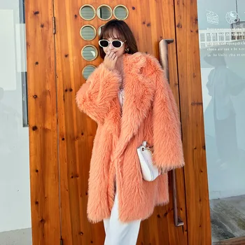 Женская куртка с лацканами из искусственного меха с имитацией лисы, женское свободное пальто средней длины, элегантные плюшевые пальто с высокой температурой, зимние