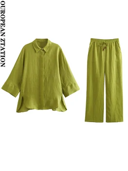 Женская мода 2023 года с пайетками по бокам, льняная рубашка с широким рукавом или прямые брюки с высокой талией, комплекты из двух предметов mujer
