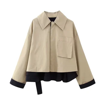 Женская модная свободная короткая куртка в стиле пэчворк цвета хаки 2023, осенние женские дизайнерские куртки, женские повседневные куртки оверсайз