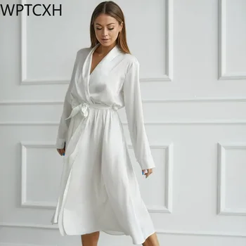 Женская ночная рубашка 2024, Весенне-летний халат, Новая пижама из искусственного шелка на шнуровке с длинным рукавом, длинная ночная рубашка, женская домашняя одежда