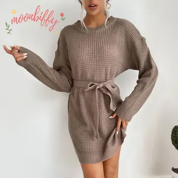 Женская осенняя туника с длинным рукавом и круглым вырезом, вязаное мини-платье-свитер, повседневные платья ярких цветов, Модный Свободный пуловер