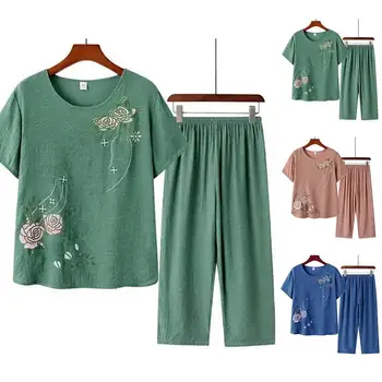 Женская футболка с коротким рукавом, топ, брюки с цветочным принтом, свободная одежда для отдыха, домашняя одежда