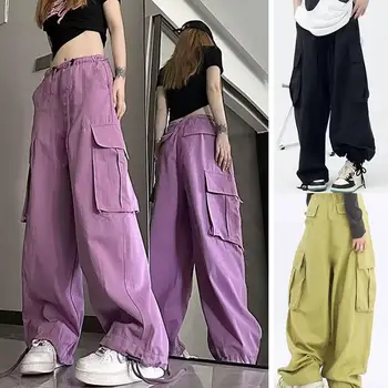 Женские брюки-карго Harajuku, повседневные Свободные Панковские прямые Широкие брюки, уличная одежда, нейтральные модные брюки с эластичной талией в стиле ретро.
