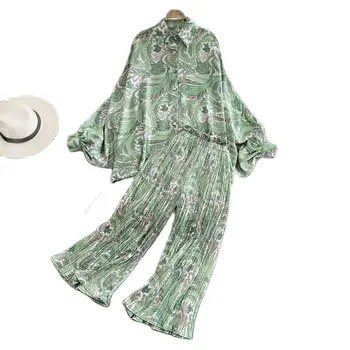 Женские весенне-осенние модные комплекты из 2 предметов, рубашка с принтом в виде рукава-фонарика, топ + Повседневные широкие брюки с высокой талией, комплект из двух предметов