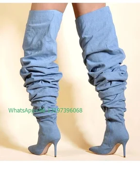 Женские джинсовые ботфорты выше колена с плиссированным дизайном, ковбойские сапоги с острым носком, на молнии сбоку, повседневное платье, сапоги на шпильке, размер 46