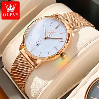 Женские кварцевые часы OLEVS из розового золота, ультратонкие женские часы из нержавеющей стали толщиной 6,5 мм, водонепроницаемые модные элегантные кварцевые часы