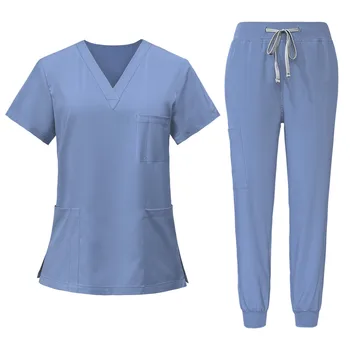 Женские комплекты скрабов С коротким рукавом, рабочие Длинные брюки медсестры, однотонная медицинская униформа, рабочая одежда медсестер, скрабы, Топы, брюки, Рабочая униформа