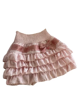 Женские мини-юбки Lolita Kawaii с эластичной резинкой на талии, многоуровневые мини-юбки с рюшами, короткая Японско-Корейская милая юбка