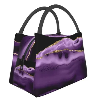 Женские сумки для ланча с текстурой фиолетового и золотого агата, переносной холодильник, термобокс для бенто, больничная офисная сумка через плечо