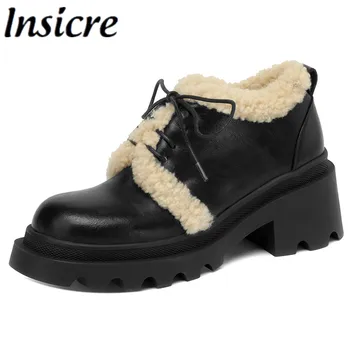 Женские туфли-лодочки Insicre, теплая зимняя обувь на шнуровке, с круглым носком, на толстом высоком каблуке, на платформе, нескользящая, из коровьей кожи высшего качества