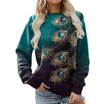 Женский осенний костюм, винтажная толстовка с принтом из перьев, женский свободный пуловер с теплыми цветными эластичными манжетами, стильная осенне-весенняя футболка