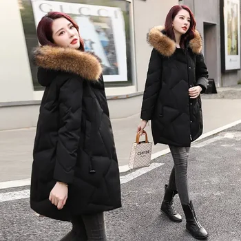 Женское зимнее пальто, женская пуховая хлопковая куртка с меховым воротником, женская повседневная теплая верхняя одежда, куртки для девочек, черная одежда 1034