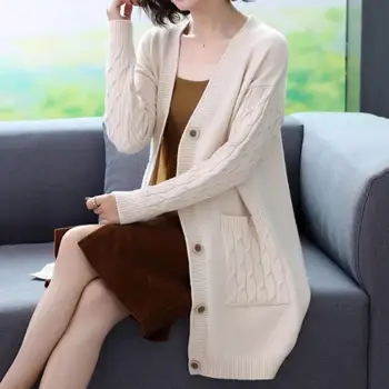 Женское однотонное пальто с длинным рукавом, женское пальто, стильный вязаный свитер, теплая женская осенне-зимняя куртка свободного кроя