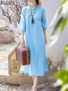 Женское хлопчатобумажное платье Миди ZANZEA с винтажной вышивкой и воротником-стойкой, Vestidos 2023, Летние Элегантные платья-Чонсам с разрезом до половины рукава