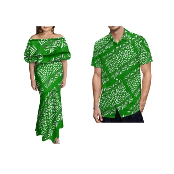 Зеленые Популярные полинезийские традиционные платья для больших людей, Пулетаси, морщинистое платье, словосочетание Плюмерия, Мужские комплекты рубашек для пары