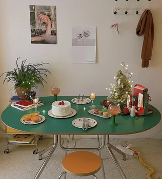 Зеленый овальный стол из нержавеющей стали, цветной винтажный многослойный офисный стол для совещаний из массива дерева