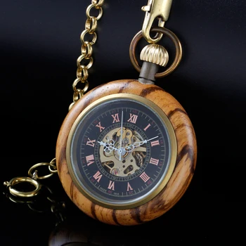 Карманные механические часы в винтажном деревянном корпусе с римскими цифрами и ручным заводом, мужские часы-скелет с брелоком-цепочкой для мальчиков-леди