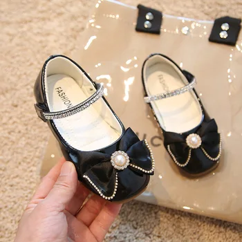 Кожаная обувь для девочек AINYFU, Весна 2023, детская обувь принцессы со стразами и бантом, детские тонкие туфли для вечеринок, свадебные туфли на плоской подошве H511