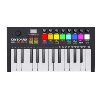 Контроллер MIDI-клавиатуры с 25 клавишами, 8 барабанных пэдов с подсветкой, 8 ручек, портативная Midi-клавиатура Type-C для создания музыки