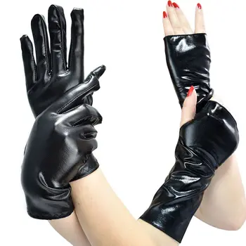 Короткие перчатки из лакированной кожи без пальцев, черные перчатки без пальцев, кожаные перчатки для танцев в стиле панк, хип-хоп, на Хэллоуин, кожаные перчатки в стиле Лолита