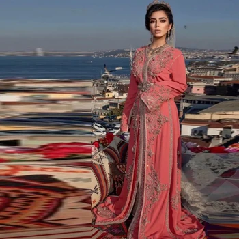 Кристаллы, Марокканский кафтан, вечерние платья трапециевидной формы с длинными рукавами, аппликации, платья для выпускного вечера, арабские вечерние платья