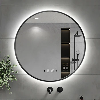 Круглое настенное зеркало в черной раме для ванной комнаты со светодиодной подсветкой, противотуманные зеркала для индукции человеческого тела С косметической подсветкой