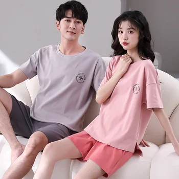 Летние комплекты хлопчатобумажных пижам для пар, женские Мужские шорты с коротким рукавом, пижамы, пижамы, повседневная домашняя одежда, Корейская домашняя одежда для влюбленных