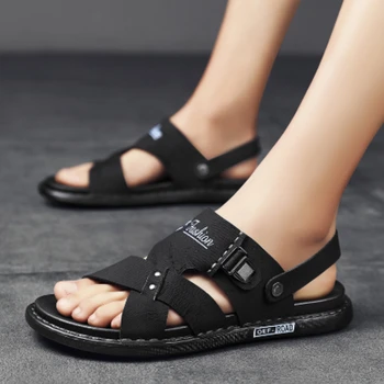 Летние мужские кожаные сандалии 2023 года, Новые уличные удобные дышащие сандалии, нескользящие пляжные тапочки, роскошная повседневная мужская обувь