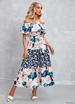 Летние платья с открытыми плечами в цветочек, Макси-платье с пышными рукавами для женщин, халат для пляжного отдыха, Сексуальное Элегантное Шикарное Длинное эстетичное платье