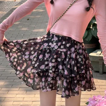 Летняя юбка с фрагментированным цветком маргаритки, женская мини-юбка в корейском стиле, тонкая мини-юбка с высокой талией, женские повседневные шифоновые короткие юбки, тренд