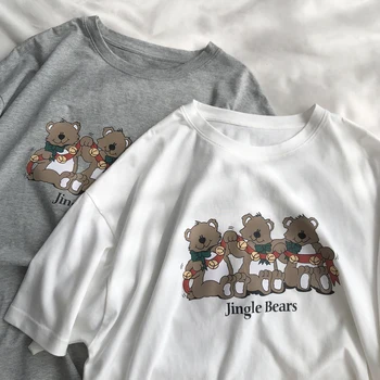 Лето 2023, Новая хлопковая футболка с короткими рукавами и милым мультяшным медведем, свободный топ с круглым вырезом, одежда Y2k