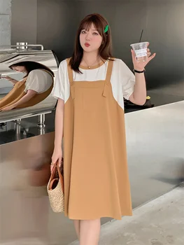 Летом 2023 года Новая корейская версия Loose Women 200 Цзинь жира, мм, Поддельное платье на подтяжках из двух частей, однотонное платье для поездок на работу