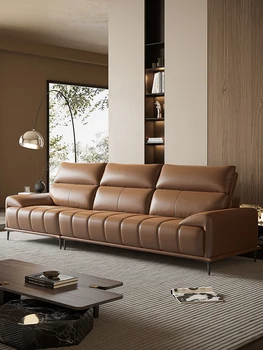 Минималистичный кожаный диван с изголовьем из воловьей кожи, маленькая гостиная, современный простой прямой кремовый стиль
