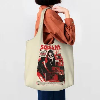 Многоразовая хозяйственная сумка Halloween Ghost Killer Scream, женская холщовая сумка-тоут, моющиеся продуктовые сумки для покупок, сумочка