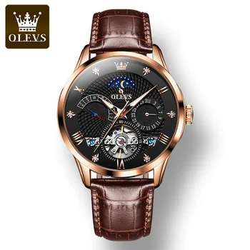 Многофункциональные водонепроницаемые мужские наручные часы OLEVS 6652, модные механические часы с автоматическим ремешком из натуральной кожи для мужчин