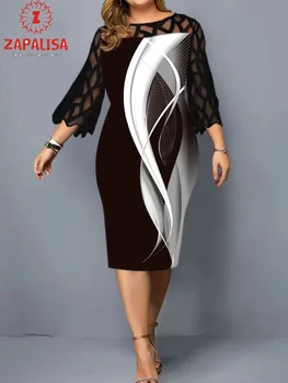 Модное женское платье-карандаш с цифровой печатью, сетчатый дизайн в стиле пэчворк, кружевной декор, прозрачное платье с круглым вырезом и рукавом на запястье, облегающее платье