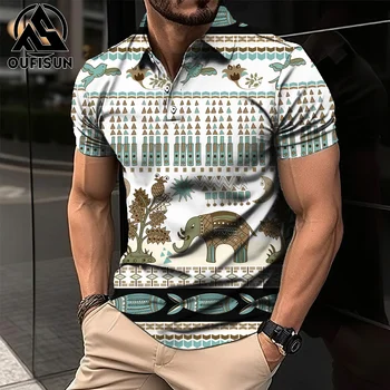 Мужская рубашка в племенном стиле, негабаритная мужская рубашка поло с изображением слона, винтажная Мужская высококачественная одежда с коротким рукавом, повседневная футболка