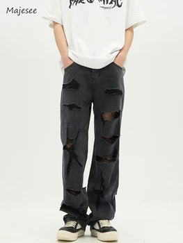 Мужские джинсы с вырезами, Нерегулярные, в японском стиле, широкие, свободные, выстиранные, Винтажные панковские брюки полной длины, Стильная уличная одежда, лето